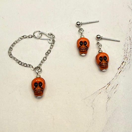 Orange Skull Halloween Necklace and Earrings |for 10-12 Inch Fashion Doll • 1:6 Scale
