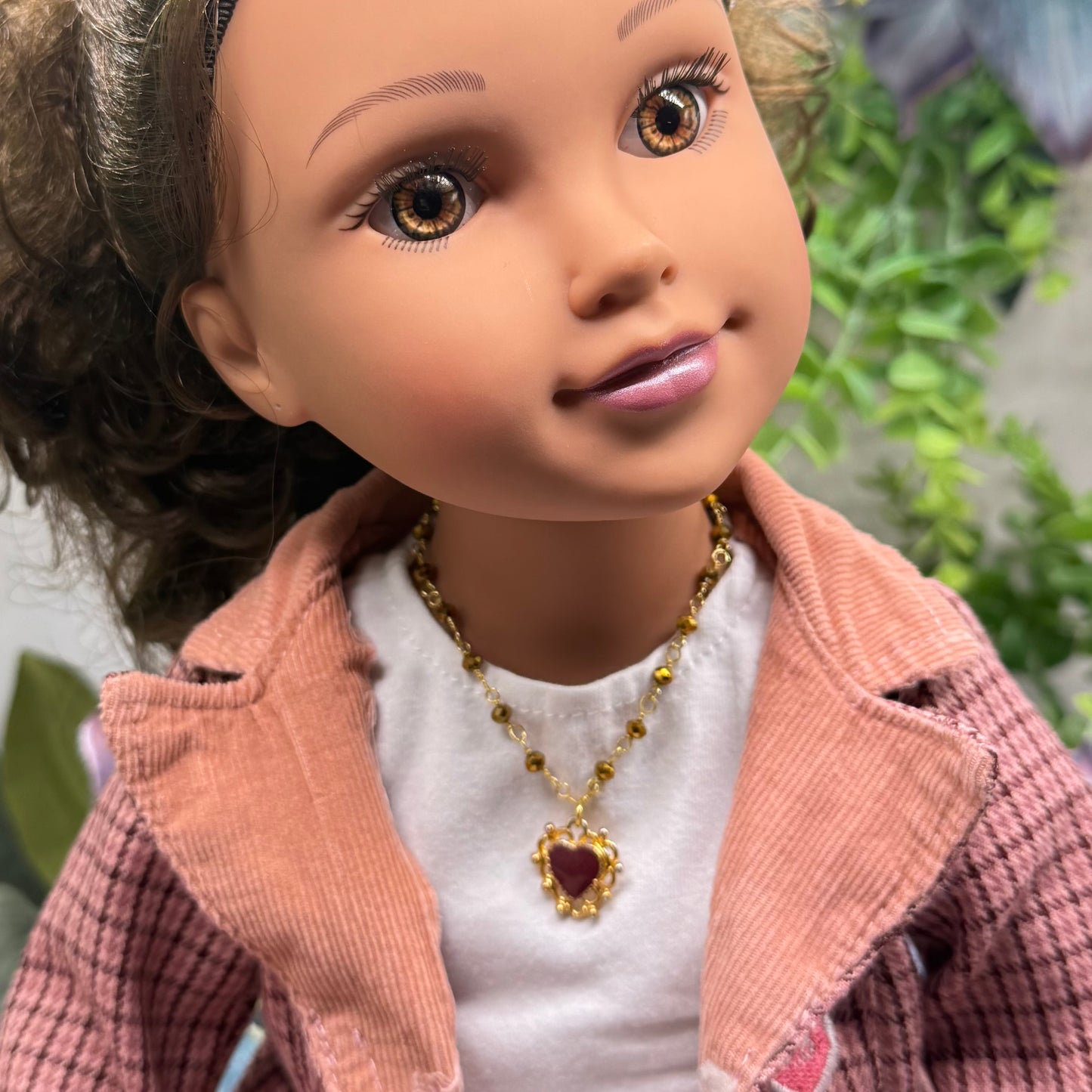 Gold Bronze Glass Crystal Beaded Maroon Red Heart Pendant Doll Necklace • 18 Inch Fashion Doll Jewelry