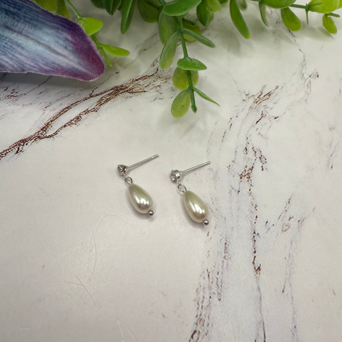 Pearl Teardrop Clear Rhinestone Silver Post Doll Earrings • 18 Inch Fashion Doll Jewelry