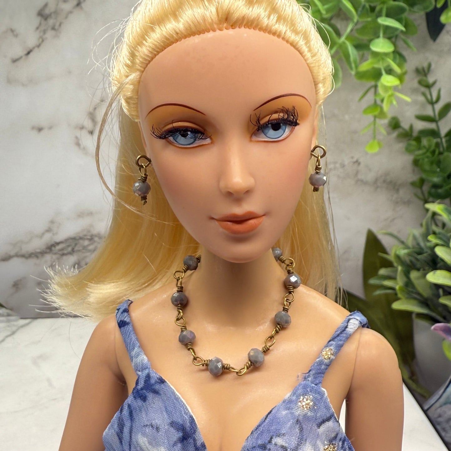 Gray Glass Crystal Beaded Doll Necklace & Earrings • 16 Inch Fashion Doll Jewelry