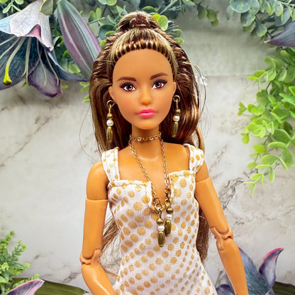 Brass Bronze Pearl Drop Wrap Doll Necklace / Belt & Earrings • 10-12 Inch Fashion Doll Jewelry 1:6