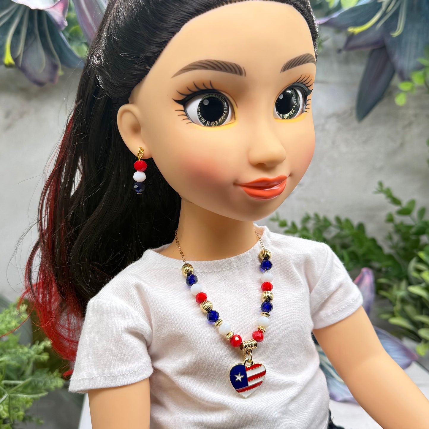 Red White Blue Beaded Heart Charm American Flag Doll Necklace & Earrings for 18 Inch Fashion Doll