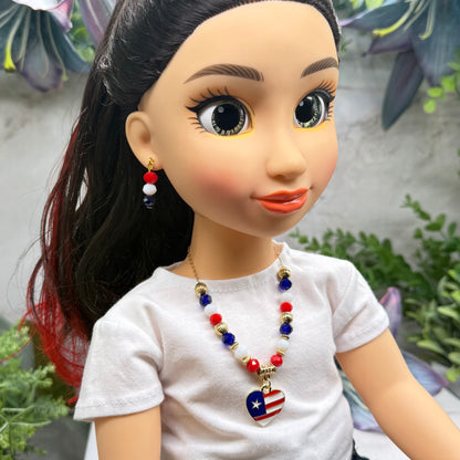 Red White Blue Beaded Heart Charm American Flag Doll Necklace & Earrings for 18 Inch Fashion Doll