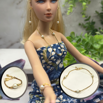 Pearl Gold Serpentine Chain Doll Necklace Earring Bracelet Set • 16 Inch Fashion Doll Jewelry