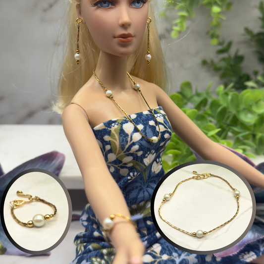 Pearl Gold Serpentine Chain Doll Necklace Earring Bracelet Set • 16 Inch Fashion Doll Jewelry
