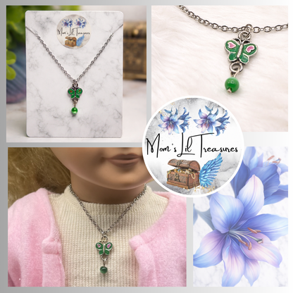Green Pink Butterfly Charm Silver Chain Doll Necklace • 18 Inch Fashion Doll Jewelry
