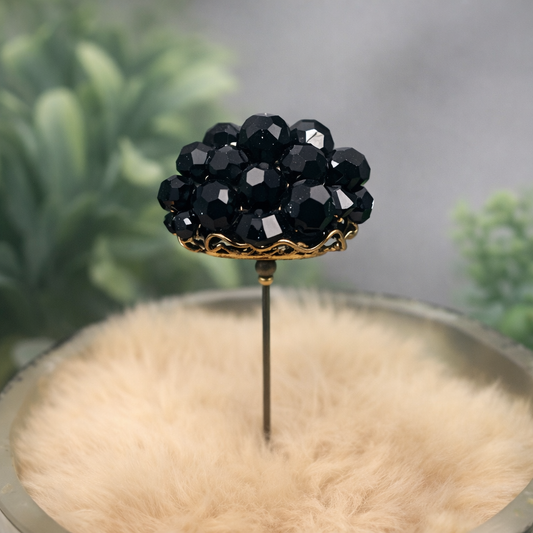 Hatpin - Stick Pin • Black Faceted Crystal Bead Cluster Gold Filigree Base - 3”