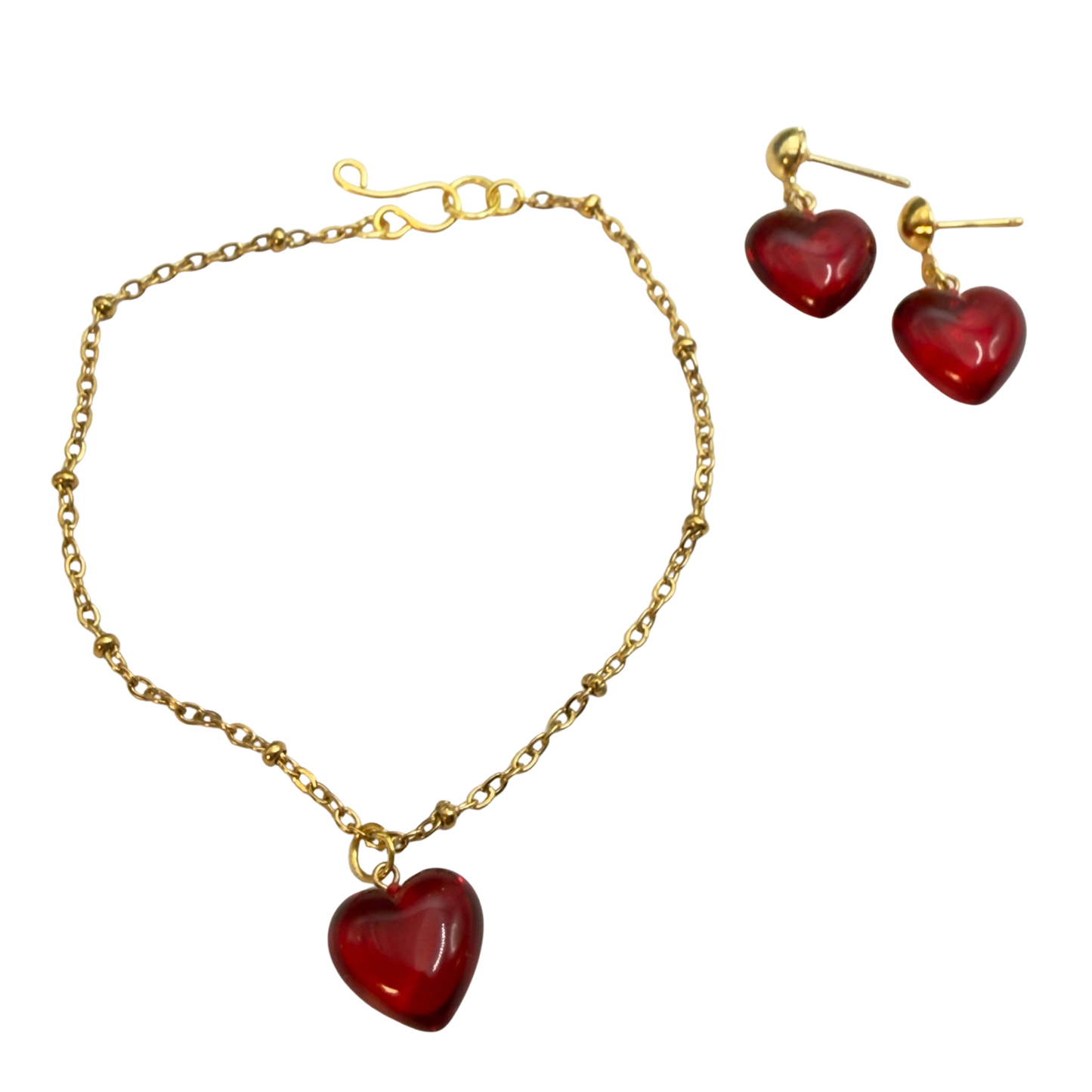 Burgundy Red Heart Charm Gold Chain Doll Necklace & Earrings Set • 18 Inch Fashion Doll Jewelry