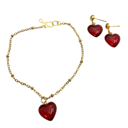 Burgundy Red Heart Charm Gold Chain Doll Necklace & Earrings Set • 18 Inch Fashion Doll Jewelry