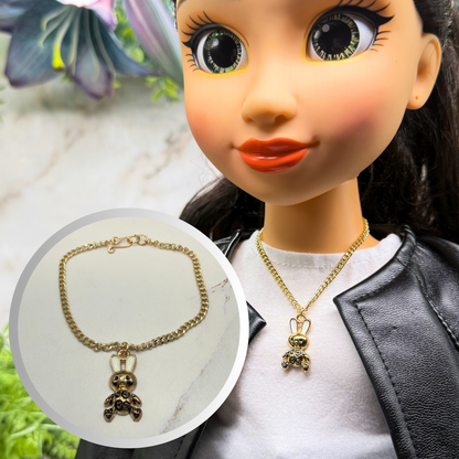 Bunny White & Black Enamel Detail Charm Doll Necklace Easter • 18 Inch Fashion Doll Jewelry