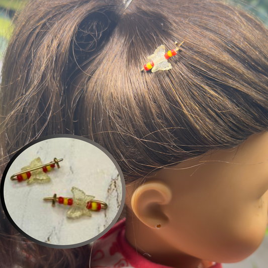 Light Yellow & Red Butterfly Doll Hair Barrettes 14-18” Fashion Dolls • Doll Hair Accessories