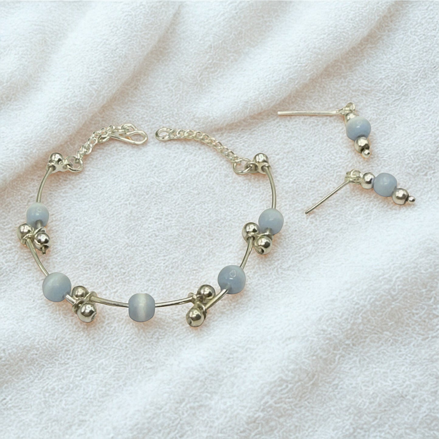 Light Blue Cat’s Eye Silver Curved Link Doll Necklace & Earrings Set • 18 Inch Fashion Doll Jewelry