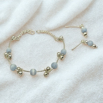 Light Blue Cat’s Eye Silver Curved Link Doll Necklace & Earrings Set • 18 Inch Fashion Doll Jewelry