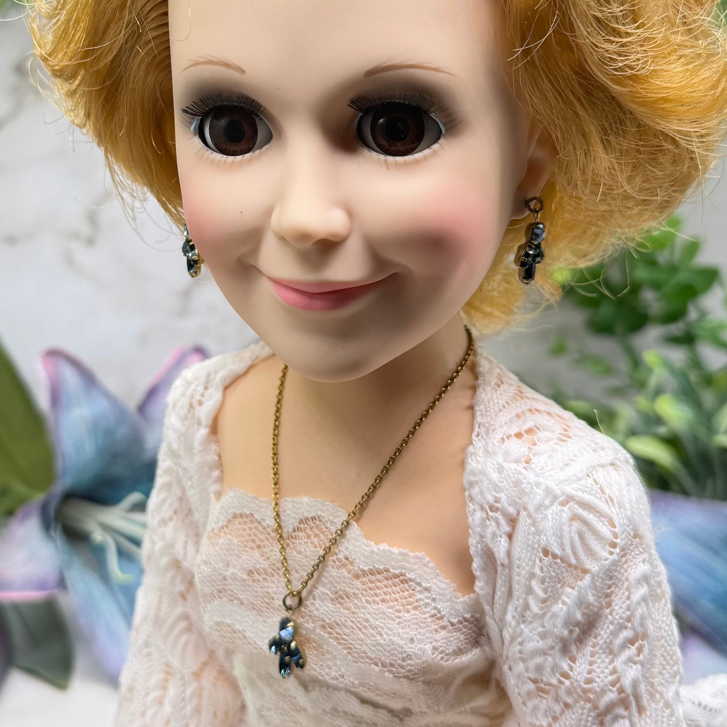 Dark & Light Blue Rhinestone Leaf Cluster Vintage Style Doll Necklace & Earrings • 18-22 Inch Fashion Vintage Doll Jewelry