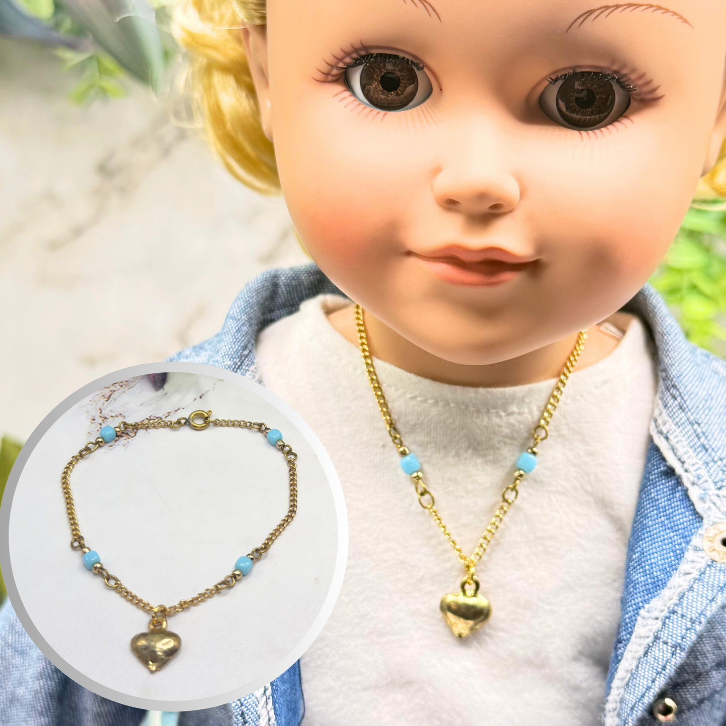 Blue Glass Bead Gold Chain Heart Charm Doll Necklace • 18 Inch Fashion Doll Jewelry