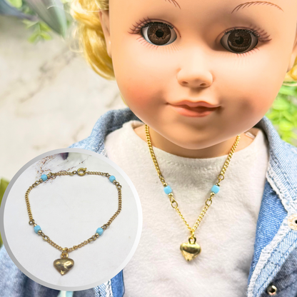 Blue Glass Bead Gold Chain Heart Charm Doll Necklace • 18 Inch Fashion Doll Jewelry