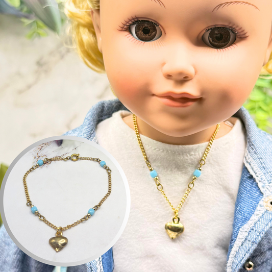 Blue Glass Bead Gold Chain Heart Charm Doll Necklace • 18 Inch Fashion Doll Jewelry