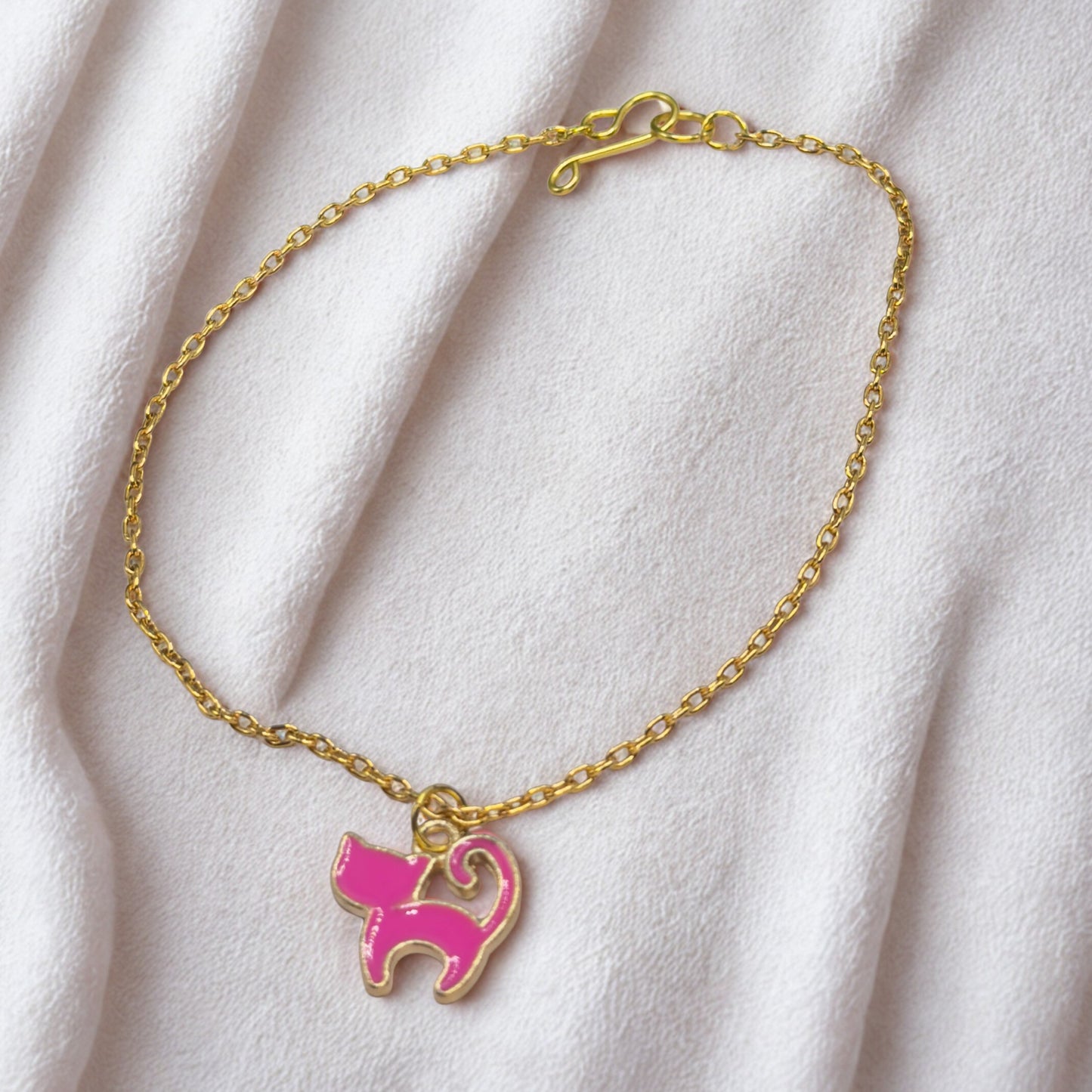 Pink Enamel Cat Charm Gold Doll Necklace • 18 Inch Fashion Doll Jewelry