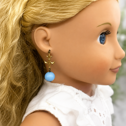 Round Blue Glass & Gold Fleur-de-lis Dangle Doll Earrings • 18” Doll Jewelry