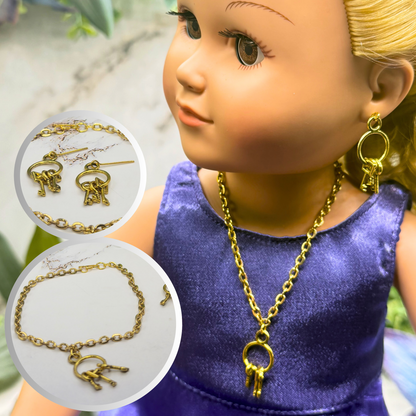Key Ring Pendant Gold Chain Doll Necklace & Earrings Set • 18 Inch Fashion Doll Jewelry