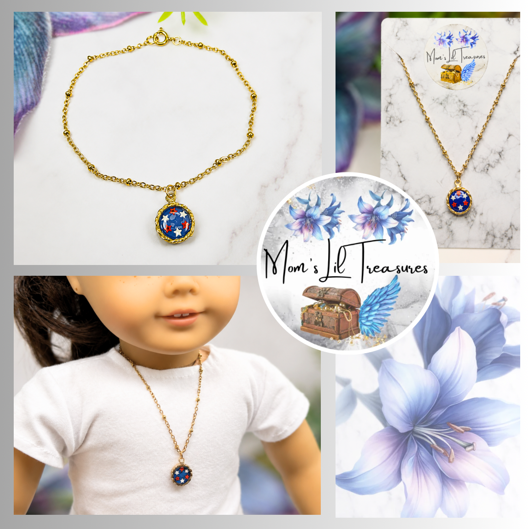 Red White Blue Stars Round Americana Charm Doll Necklace for 18 Inch Fashion Doll