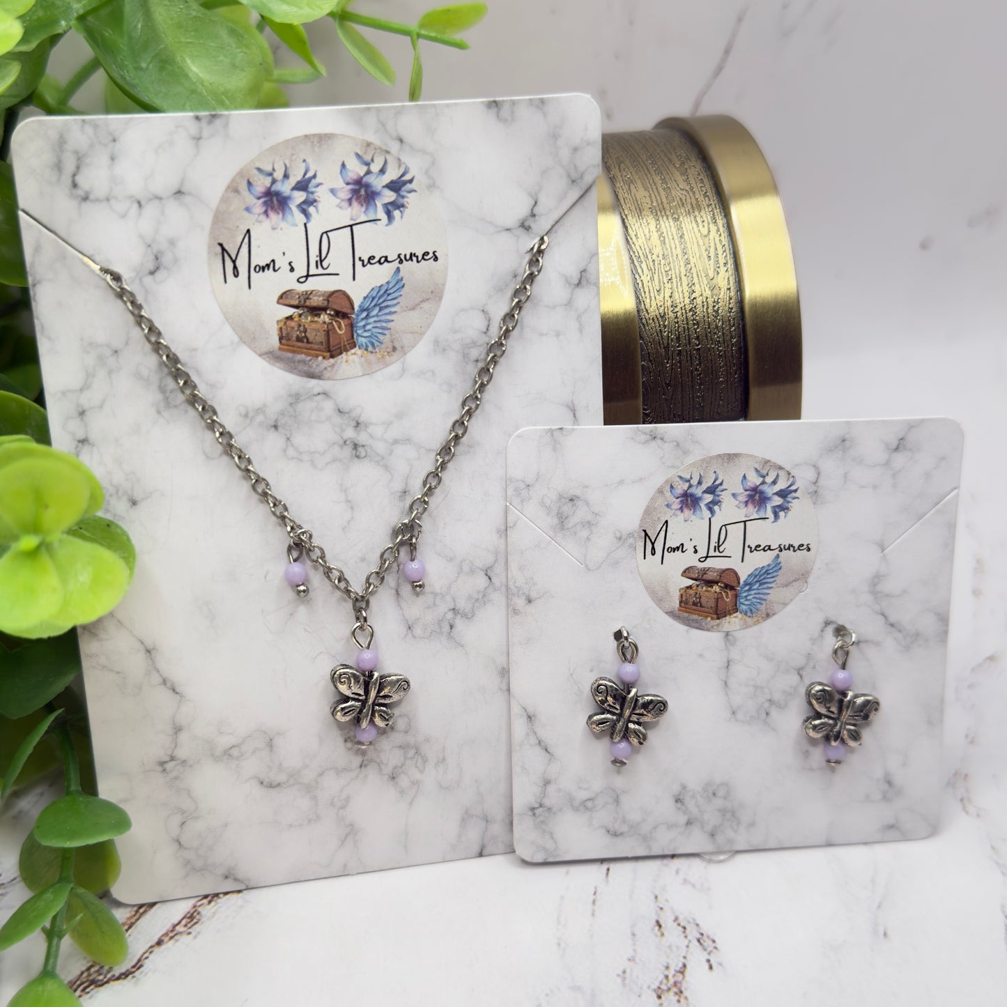 Silver Butterfly Light Purple Bead Accent Charm Doll Necklace & Earrings • 18 Inch Fashion Doll Jewelry
