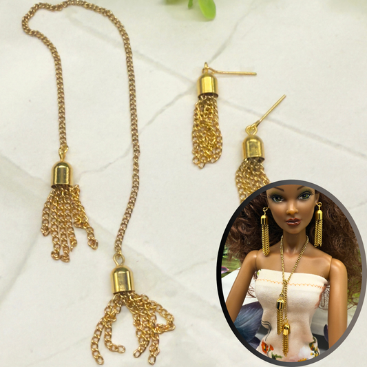 Gold Chain Tassel Wrap Doll Necklace Earring Set • 16 Inch Doll Jewelry