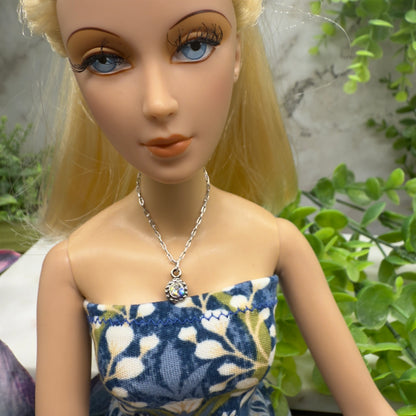 Round Clear Rhinestone Pendant Silver Chain Doll Necklace