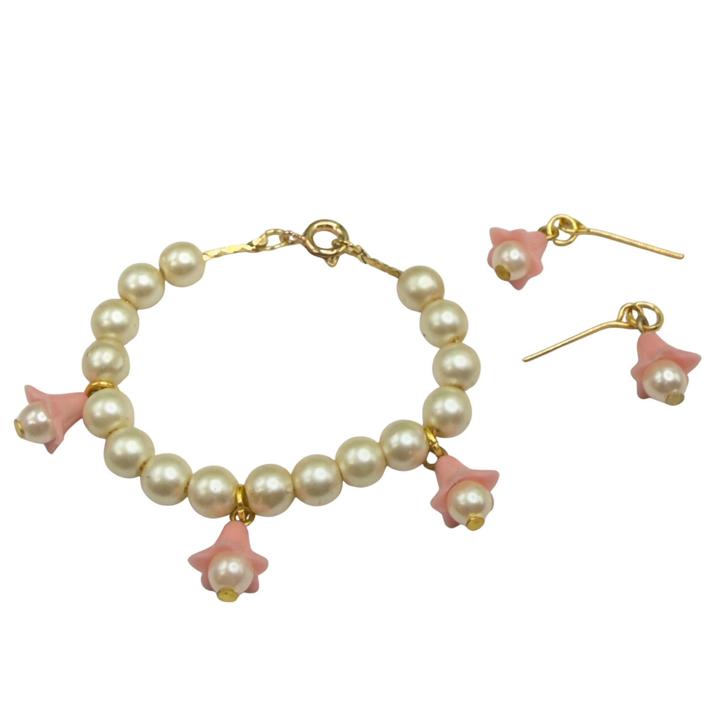 Light Pink Bell Flower Dangle Pearl Beaded Doll Necklace & Earrings • 14 Inch Fashion Doll Jewelry