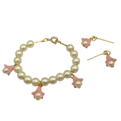 Light Pink Bell Flower Dangle Pearl Beaded Doll Necklace & Earrings • 14 Inch Fashion Doll Jewelry