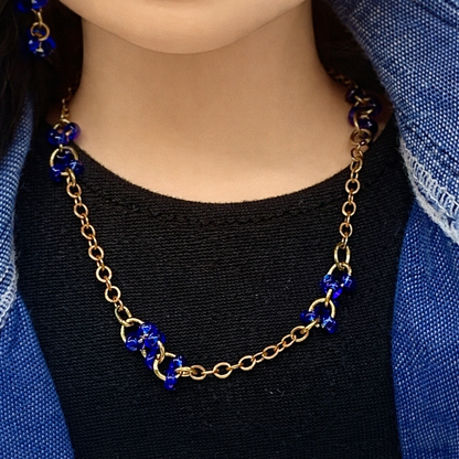 Gold Chain Blue Bead Accents Necklace Earring Set for 18 Inch Fashion Doll
