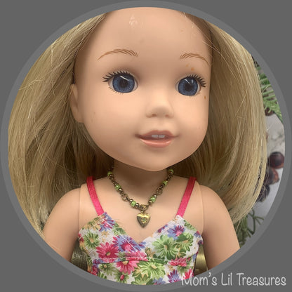 Light Green Gold Heart Pendant Doll Necklace • 14” Fashion Doll  Jewelry