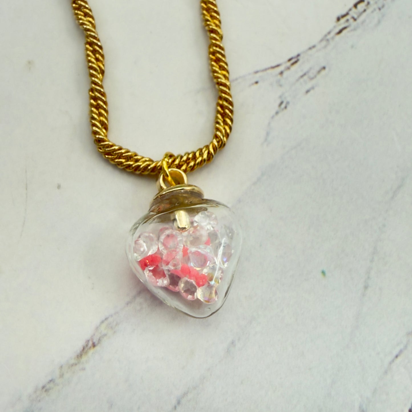 Clear Heart with Coral/Pink Crystals (Glow in Dark) on Gold Chain Doll Necklace • 18 Inch Fashion Doll Jewelry