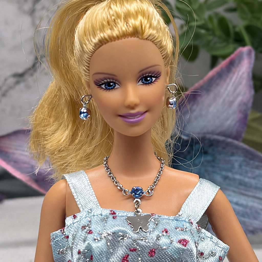 Blue Rhinestone Silver Butterfly Charm Doll Necklace & Earrings for 10-12 Inch Fashion Dolls 1:6