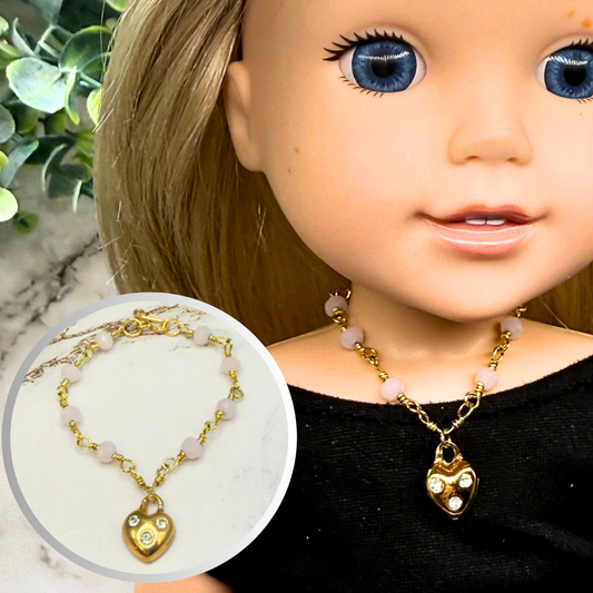 Light Pink Glass Bead Gold Heart Charm Doll Necklace • 14 Inch Fashion Doll Jewelry