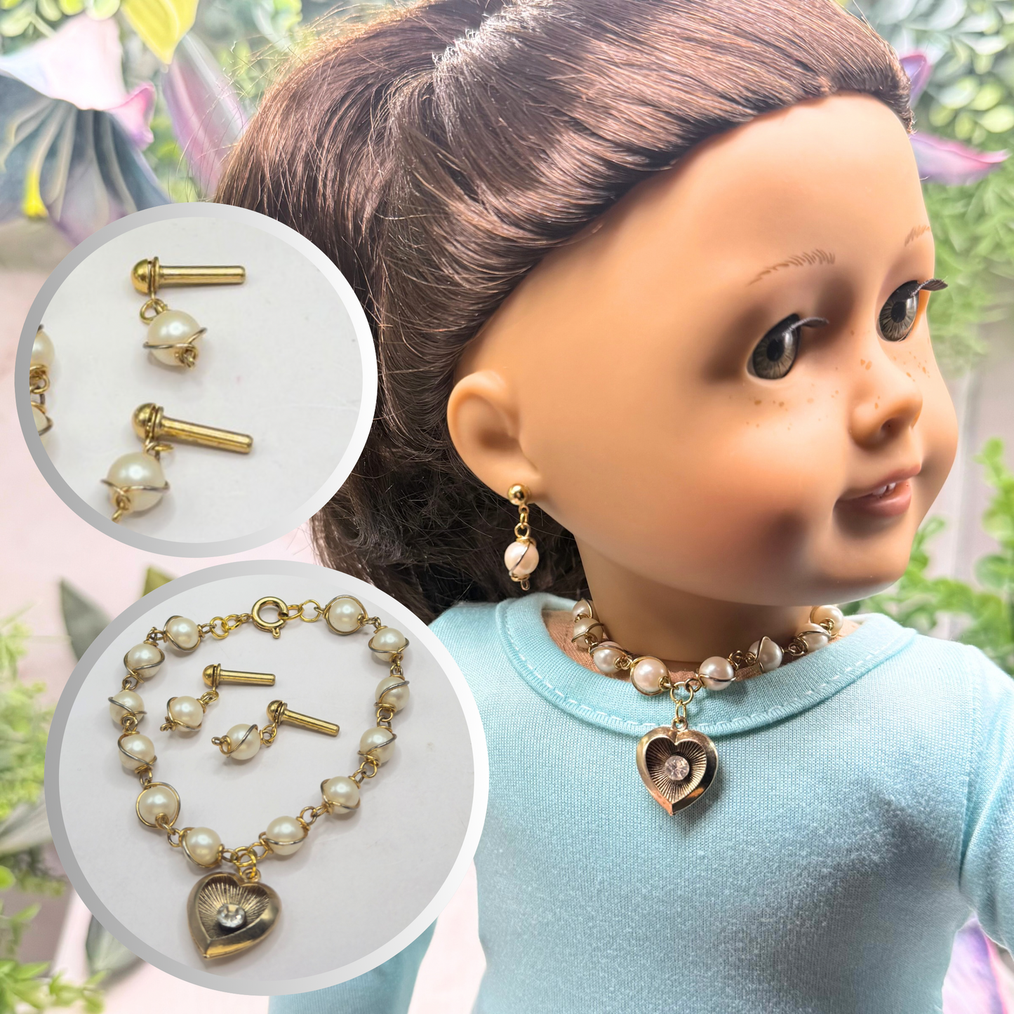 Pearl Beaded Gold Heart Rhinestone Center Necklace & Earrings • 18 Inch Fashion Doll Jewelry