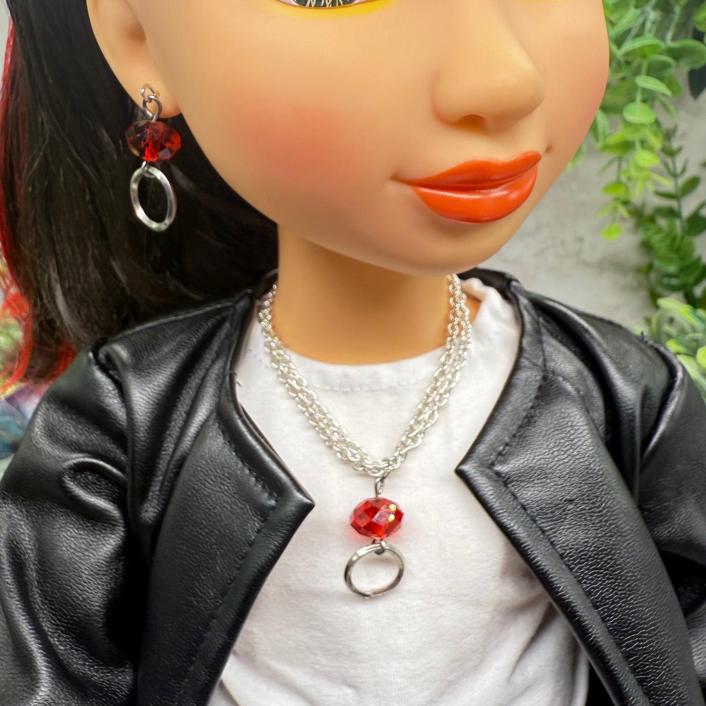 Red Acrylic Crystal Silver Circle Dangle Doll Necklace & Earrings • 18 Inch Fashion Doll Jewelry