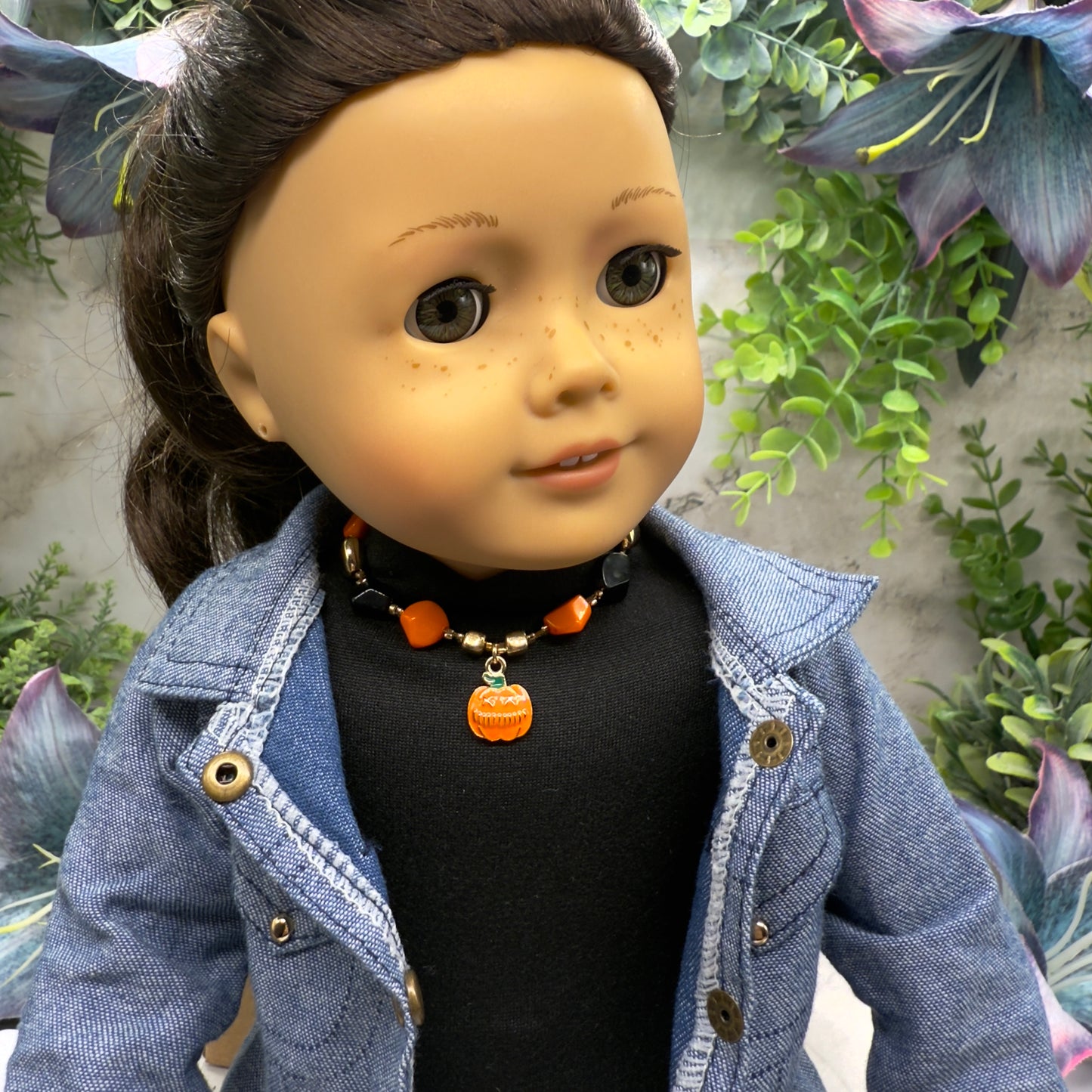 Pumpkin Halloween Charm Acrylic Beaded Doll Necklace • 18 Inch Fashion Doll Jewelry