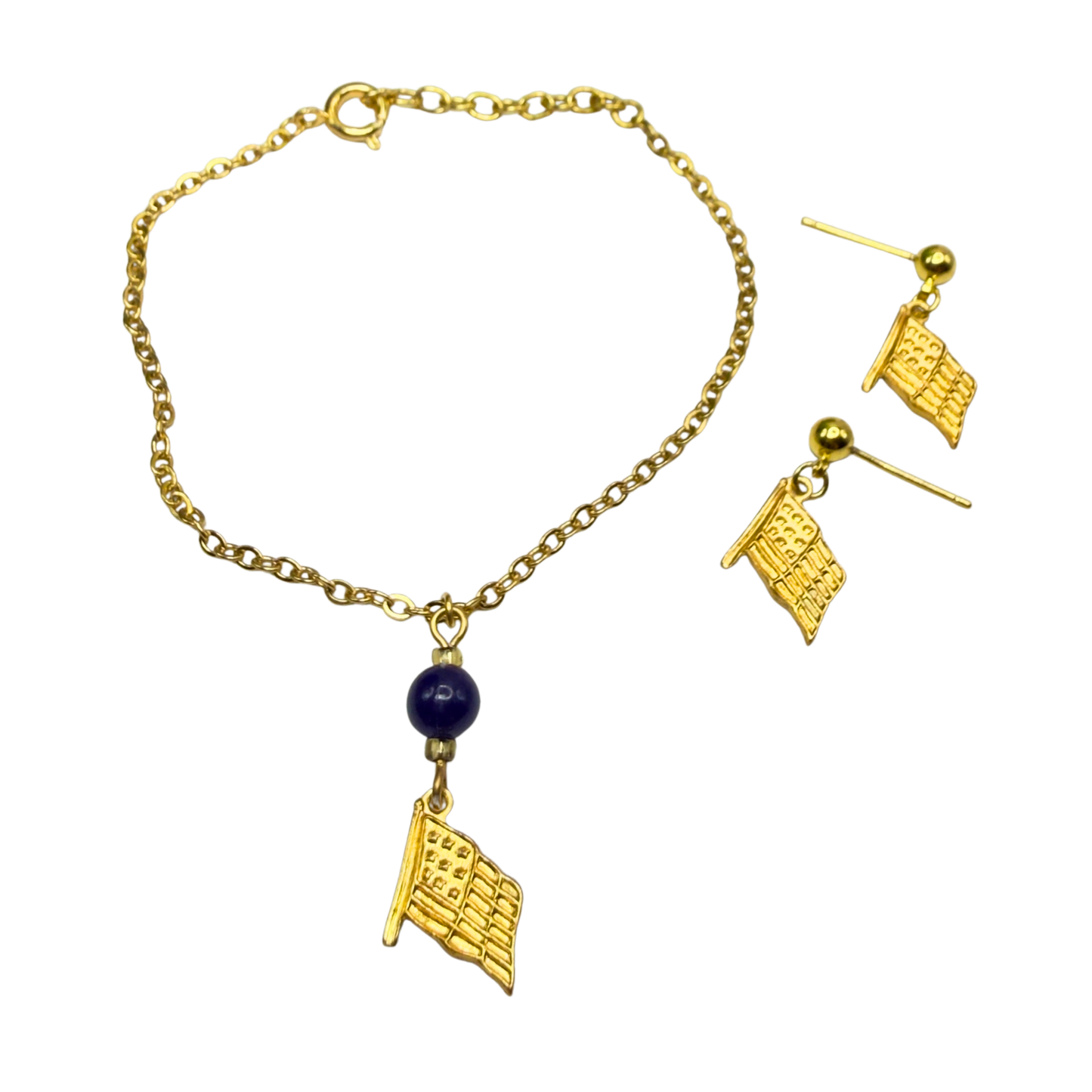 Blue Bead Gold Flag Dangle Doll Necklace & Earrings Set for 18 Inch Fashion Doll