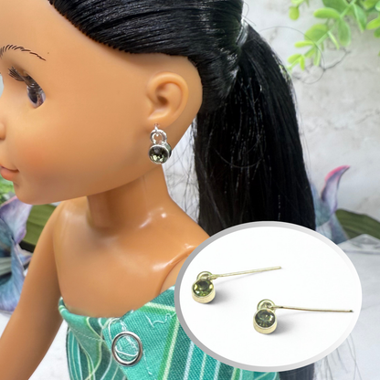 Olive Green Rhinestone Round Silver Dangle Doll Earrings • 14 Inch Fashion Doll Jewelry
