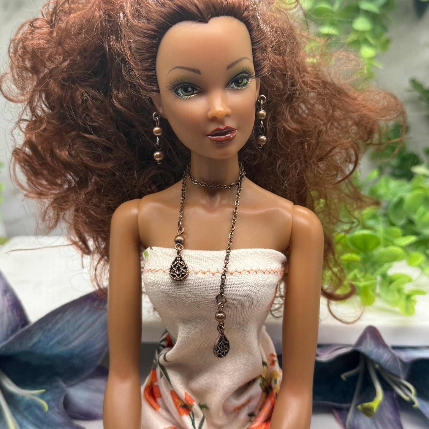 Copper Color Teardrop Dangle Wrap Doll Necklace Earring Set • 16” Doll Jewelry