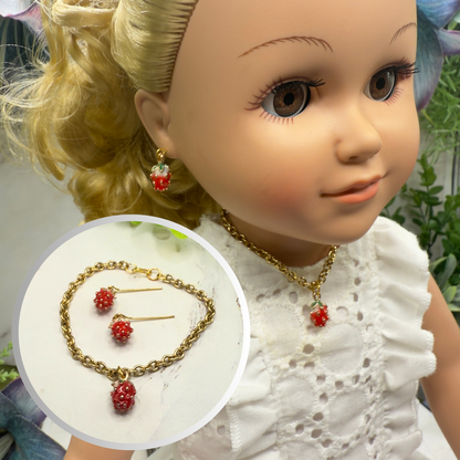 Strawberry Enamel Gold Charm Necklace & Earrings Set • 18 Inch Fashion Doll Jewelry