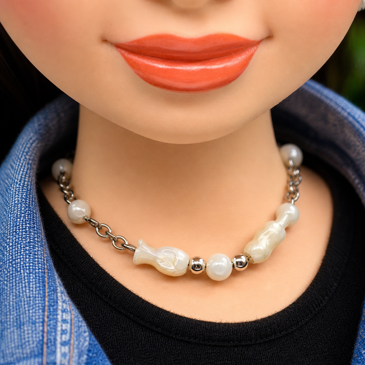 Cream Pearly Tulip Shape Beaded Doll Necklace Earring Set • 18 Inch Doll Jewelry