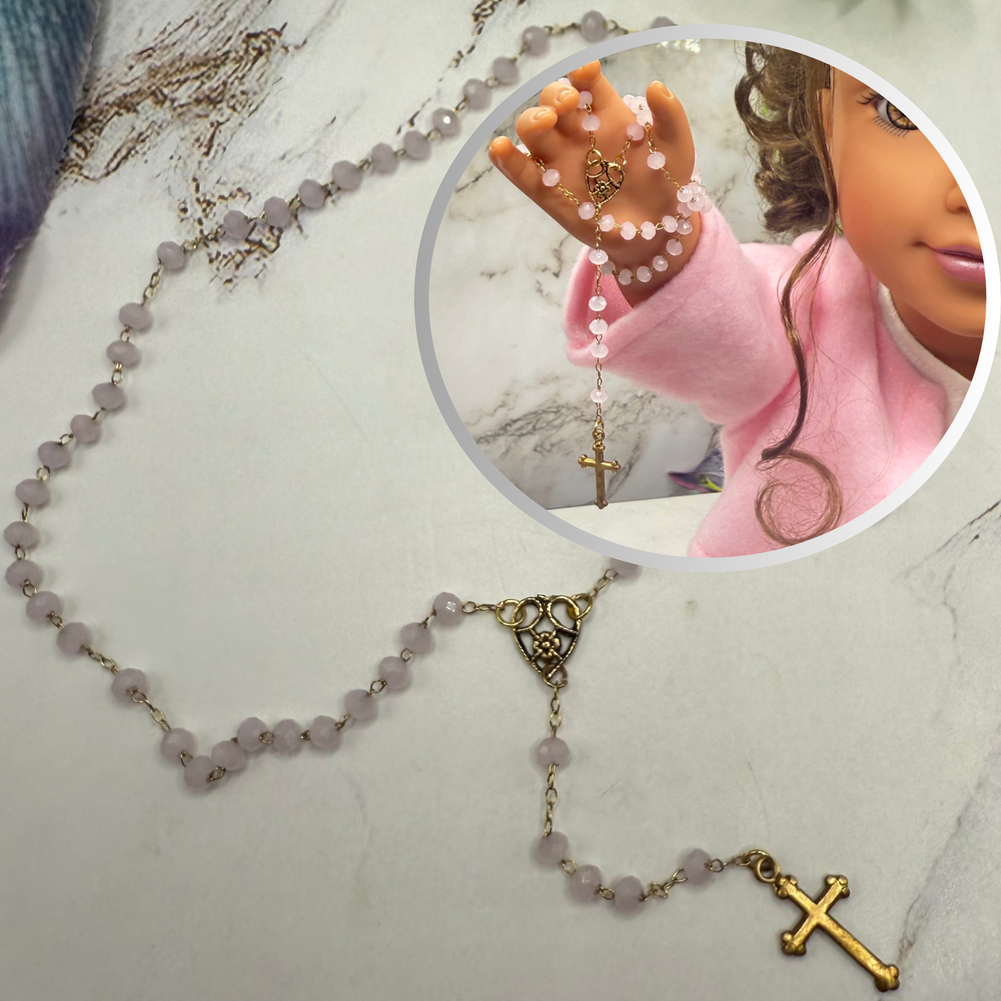 Light Pink Glass Crystal Gold Cross • Doll Size Catholic Rosary for 18-22” Fashion or Vintage Dolls