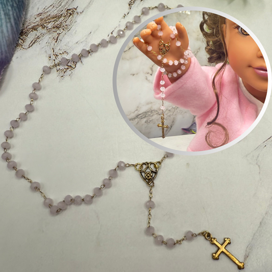 Light Pink Glass Crystal Gold Cross • Doll Size Catholic Rosary for 18-22” Fashion or Vintage Dolls