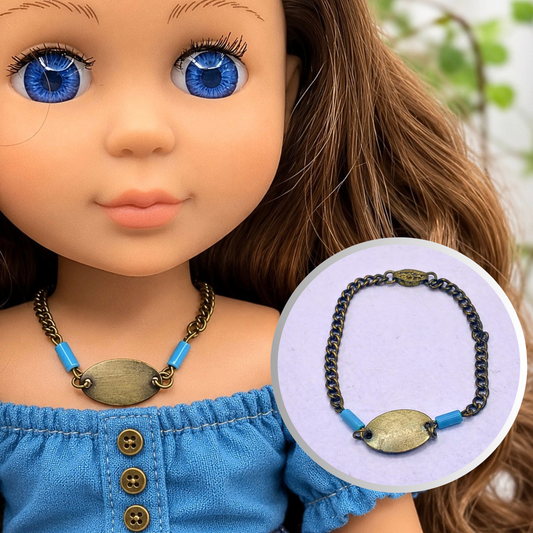 Turquoise Blue Brass Gold Oval Pendant Doll Necklace • 14 inch Fashion Doll