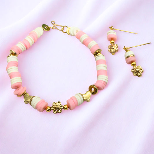 Pink White Disk Beaded Gold Flower Heart Doll Necklace & Earrings • 18 Inch Fashion Doll Jewelry