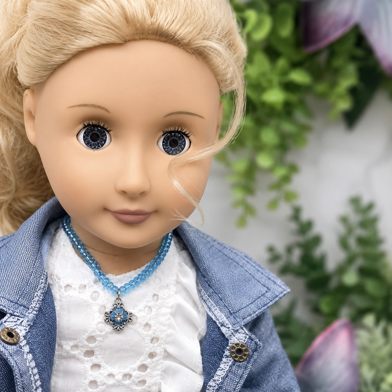 Iridescent Blue Beaded Doll Necklace W/ Pendant • 18” Fashion Doll Jewelry