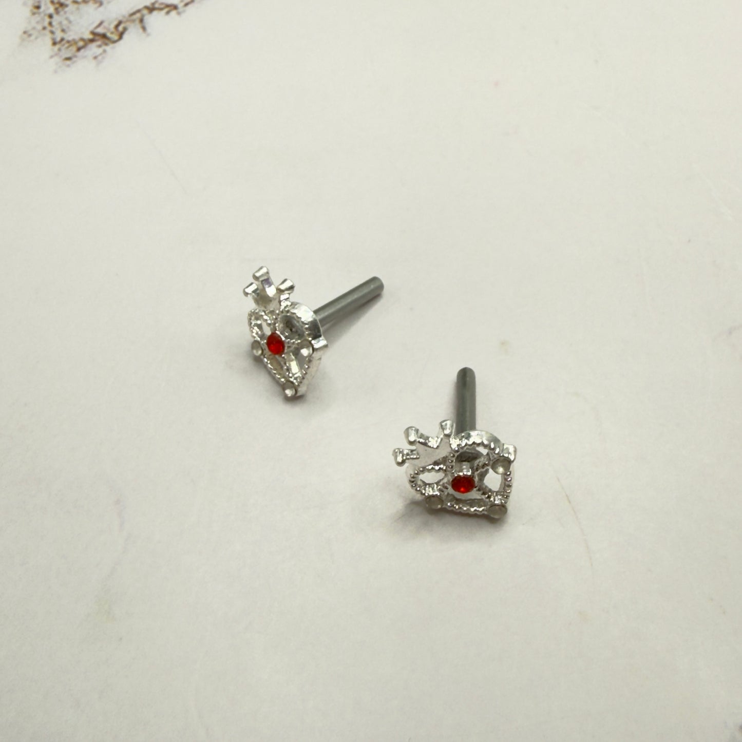Silver Heart w/ Crown Red Rhinestone Post Doll Earrings • 2mm Post for 18 Inch Fashion Doll