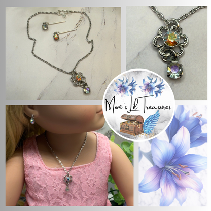 AB Rhinestone Flower Pendant Doll Necklace & Earrings Set• 18 Inch Fashion Doll Jewelry